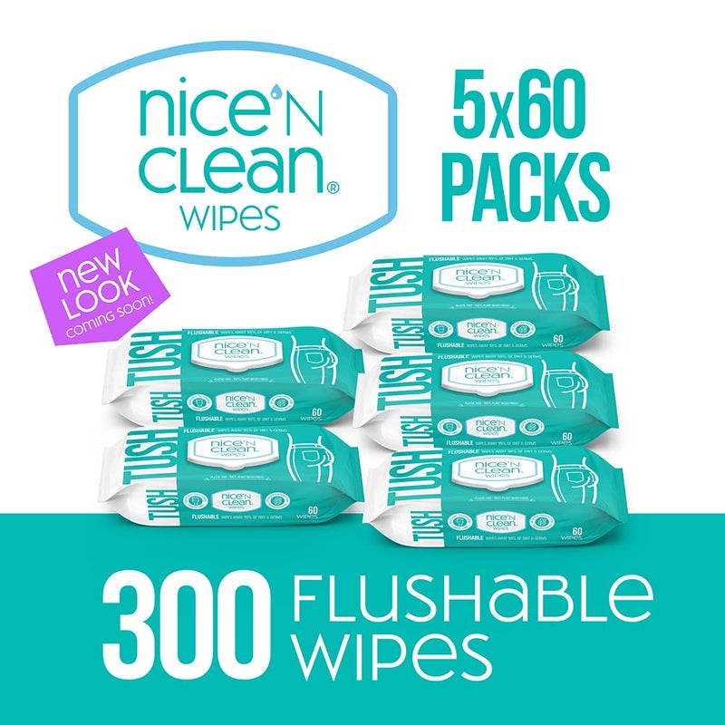 Nice 'N Clean Moist Flushable Wipes, Infused Aloe & Vitamin E, 60 Wipes (Pack of 5) - Image 2